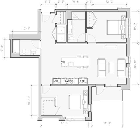 A floor plan of a house with labeled rooms and dimensions.
